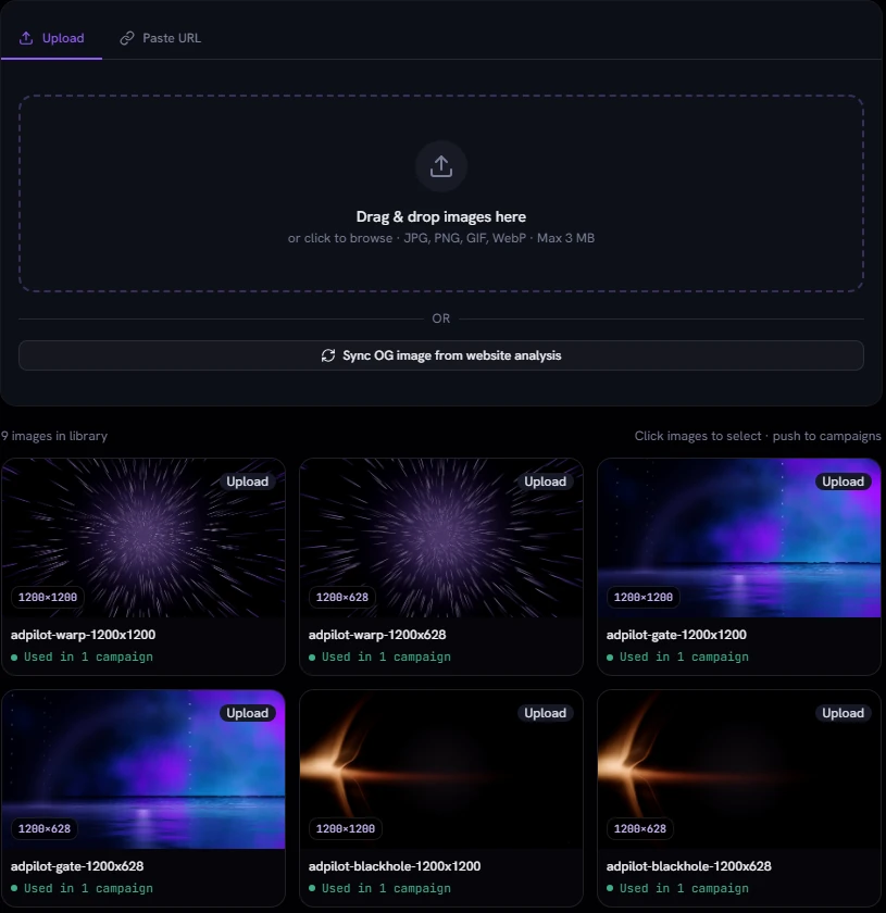 The Assets page with an upload area for images, a Paste URL tab, and a library of six images, each marked with its size and the campaigns it is used in