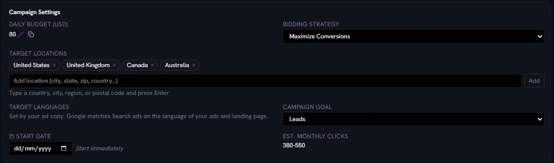 A campaign’s settings in Campaign Review: daily budget, bidding strategy, target locations, target languages, campaign goal, start date and estimated monthly clicks