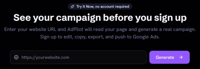 The sample page: the heading “See your campaign before you sign up”, a website address box and a Generate button