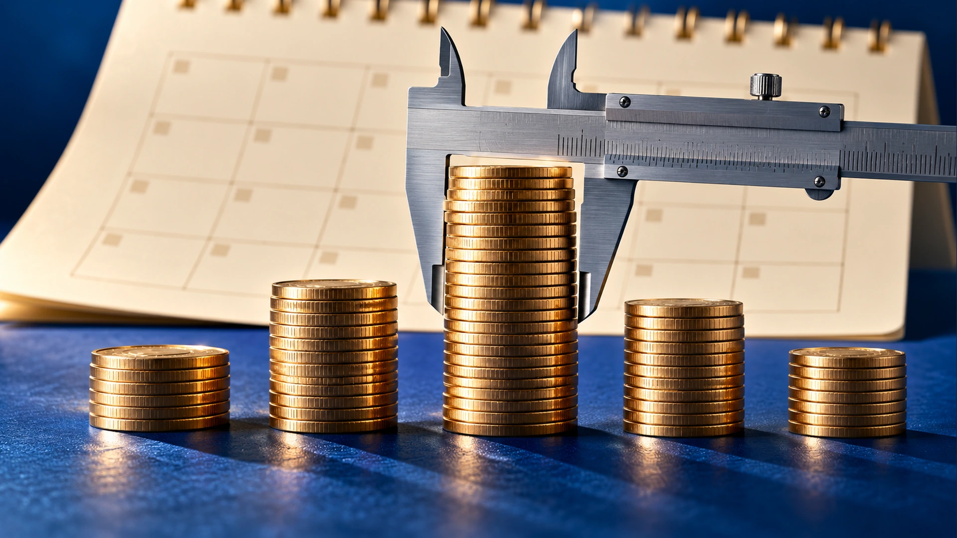 A caliper measures a tall coin stack beside smaller stacks and a calendar.