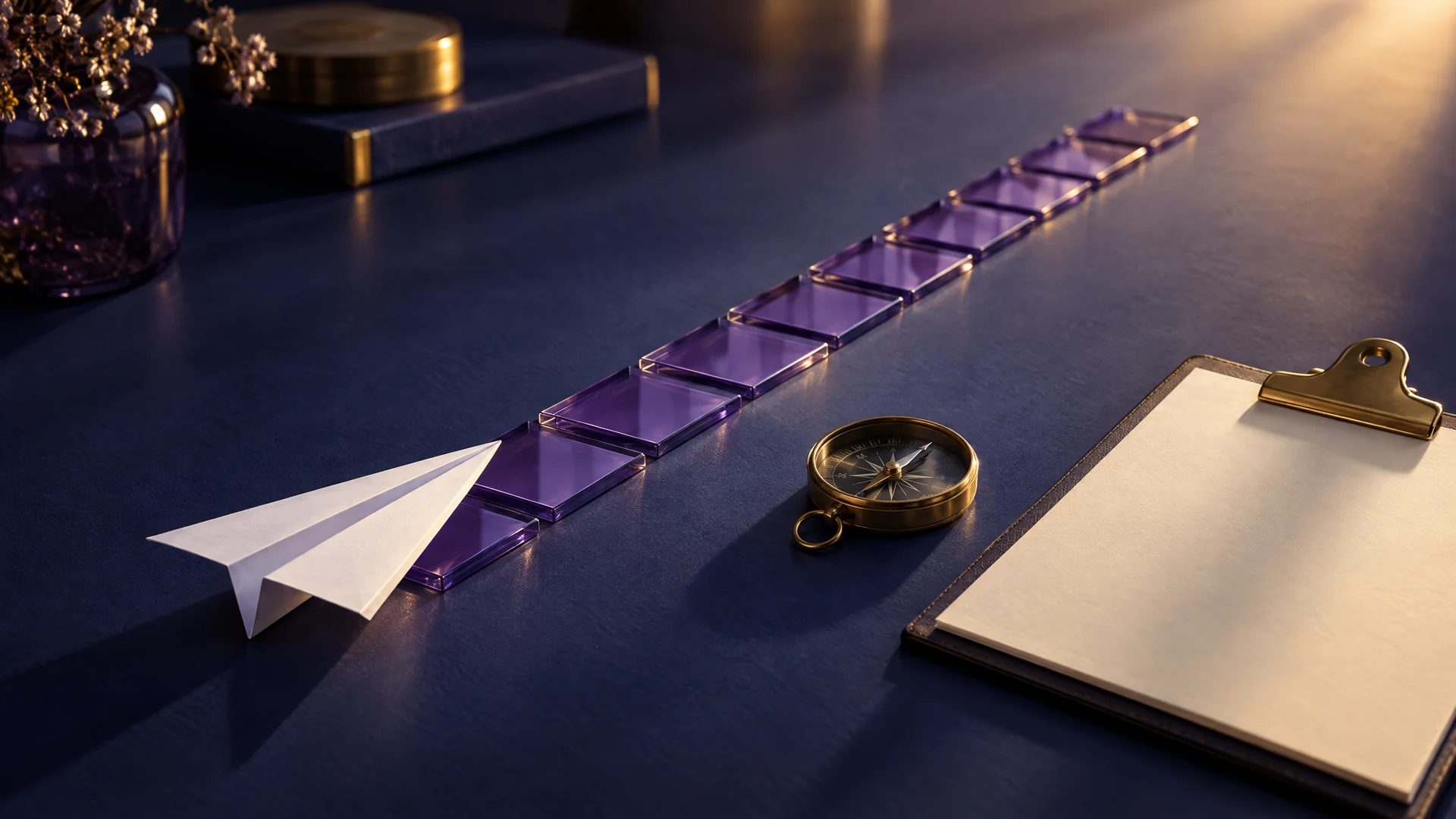 A white paper airplane at the start of a runway of violet glass tiles, beside a brass compass and a blank clipboard