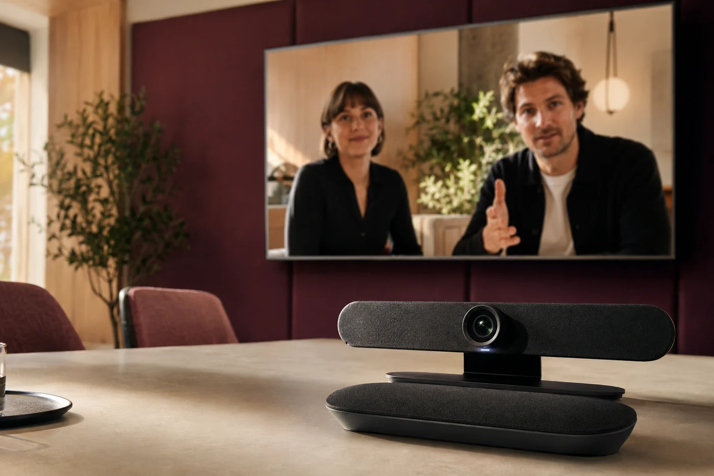 Video conferencing camera with remote colleagues on a meeting room screen
